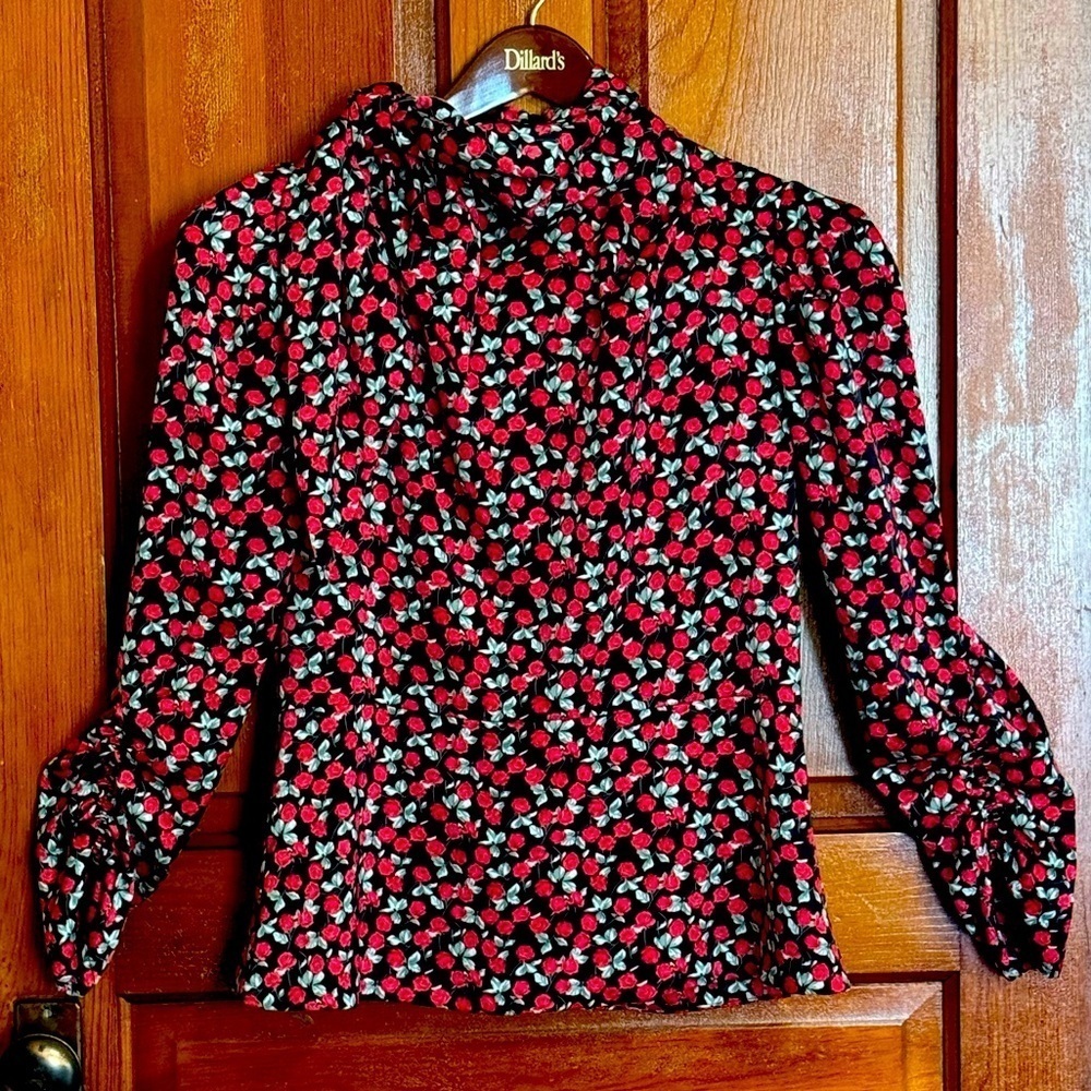 ZARA Long Sleeve Rose Print Blouse Size Medium Secretary Tie on Neck